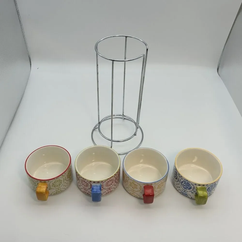 Pier 1 Imports Stackable Stoneware Mugs Set of 4 w/ Metal Stand Coffee  Cup